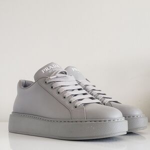 Prada Gray Leather Sneakers, Chunk Sole, Embossed Logo On Heel
